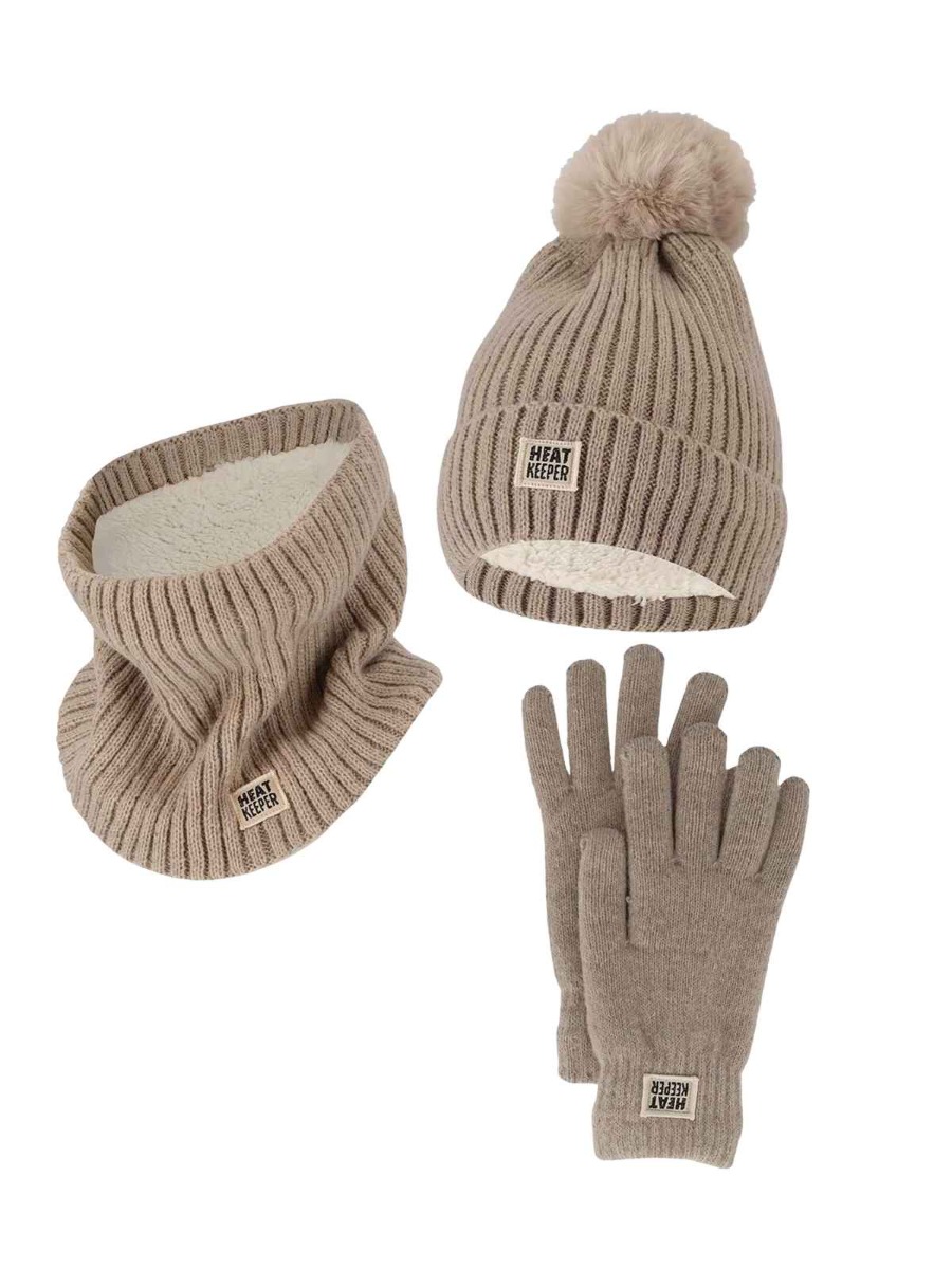 Heatkeeper Dames Winter Set - Muts + Handschoenen + Nekwarmer - Beige afbeelding